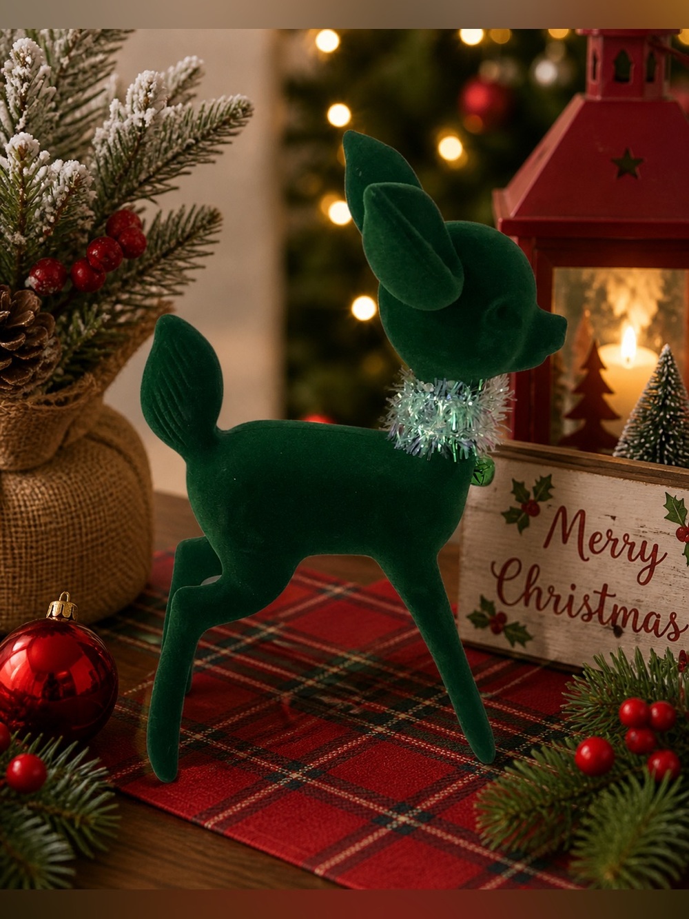 flocked large Christmas Reindeer tabletop decor NEW NWT green tinsel bells